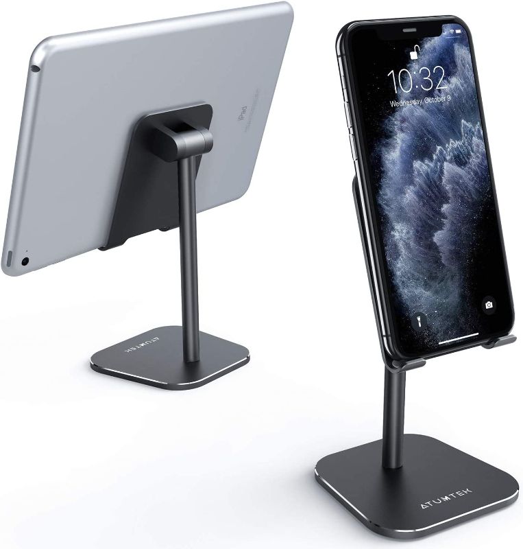 Photo 2 of ATUMTEK Universal Cell Phone Stand, Aluminium Alloy Adjustable Phone Stand Holder for Desk Compatible with iPhone 12/11 Pro/XS Max/XR/XS/X/8/7 Plus, iPad, Samsung, Tablets and Smartphones - Black