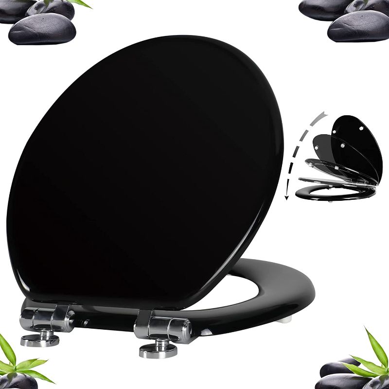 Photo 1 of Angel Shield Toilet Seat with Zinc Alloy Hinges Quiet-Close Quick-Release Wood Molded UV Lid Easy Clean(Round,Black) 