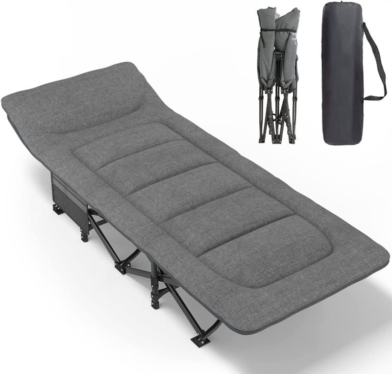 Photo 1 of ATORPOK Camping Cot for Adults with Cushion and Pillow, Portable Folding Bed for Sleeping, Lightweight Tent cot with Carry Bag for Kids Supports 450 lbs (Grey)