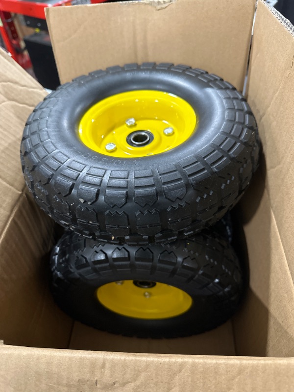 Photo 3 of 4.10/3.50-4 tire and Wheel,10" Flat Free Solid Tire Wheel with 5/8" Bearings,2.1" Offset Hub,for Gorilla Cart,Garden Carts,Dolly,Trolley,Dump Cart,Hand Truck/Wheelbarrow/Garden Wagon (4-Pack)
