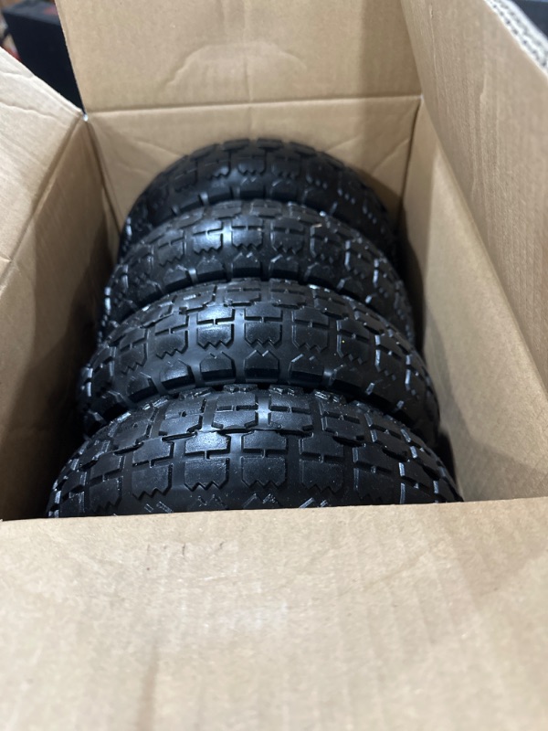 Photo 2 of 4.10/3.50-4 tire and Wheel,10" Flat Free Solid Tire Wheel with 5/8" Bearings,2.1" Offset Hub,for Gorilla Cart,Garden Carts,Dolly,Trolley,Dump Cart,Hand Truck/Wheelbarrow/Garden Wagon (4-Pack)
