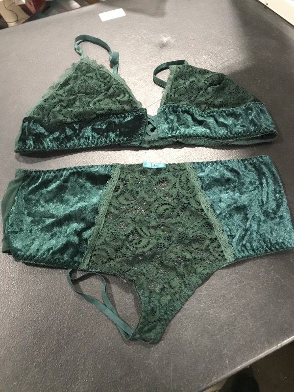 Photo 1 of  Lace Velvet Patchwork Set Dark Green 2PC Fashion Women Plus Size Bra Contrast Underwear 3XL