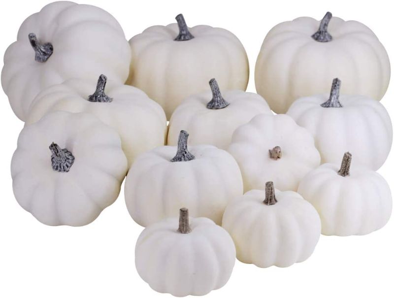 Photo 1 of 12 PCS Assorted Sizes Rustic Harvest White Artificial Pumpkins for Halloween, Fall Thanksgiving Decorating Harvest Embellishing and Displaying 