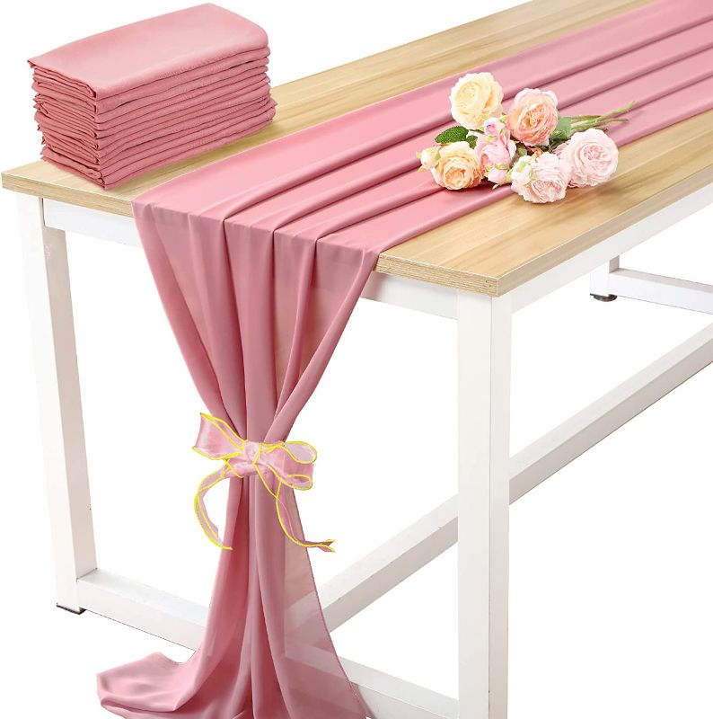 Photo 1 of 16 Pieces 10 ft Dusty Rose Chiffon Table Runner 28 x 120 Inches Blush Sheer Table Runner Romantic Rustic Boho Wedding Decor Shower Birthday Party Cake Table Decorations with Ribbon Ties
