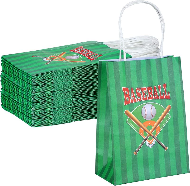 Photo 1 of 16 Pcs Baseball Party Treat Bag Baseball Gift Goodie Favor Bags Baseball Snack Bags Baseball Print Paper Bags with Handle for Kids Baseball Party Supplies Decorations Birthday Gift Baby Shower Favors 
