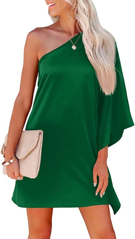 Photo 1 of [Size L- Black] ZileZile Women's Sexy One Shoulder Batwing Loose Casual Solid Color Cocktail Club Party Mini Dress