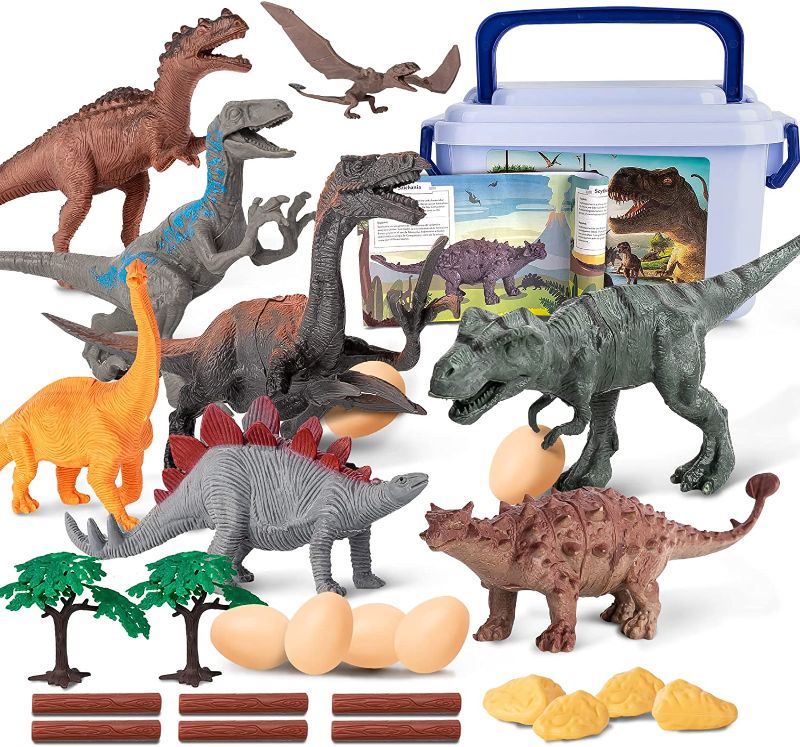 Photo 1 of Dinosaur Toys for kids with Dinosaur Theme Booklet,Eggs,Trees - 8 Realistic Dinosaur Figures