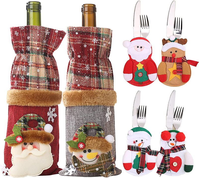 Photo 1 of 4Pcs Tableware Silverware Holders with 2 Pack Wine Bottle Bags,Candy Pouch Bag Knife Spoon Fork Bag Mini Holiday Stockings for Birthday Gift Tree Decor Dinner Table Ornaments