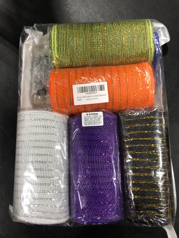 Photo 2 of Winlyn 5 Rolls Halloween Mesh Ribbons Metallic Mesh Ribbon Decorative Metallic Foil Ribbon Rolls 6" by 10 Yards Each Spool for Halloween Wreath Bows Crafts Party Table Décor 