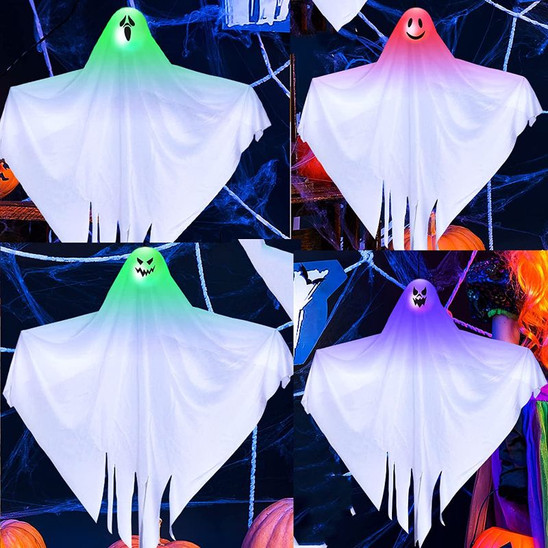 Photo 1 of 4 Pieces Halloween Hanging Ghosts Decorations Cute Flying Ghost with Flashing Colorful LED Light 23.6 Inch Halloween Party Decoration Outdoor Indoor for Front Yard Patio Lawn Garden Holiday Decor