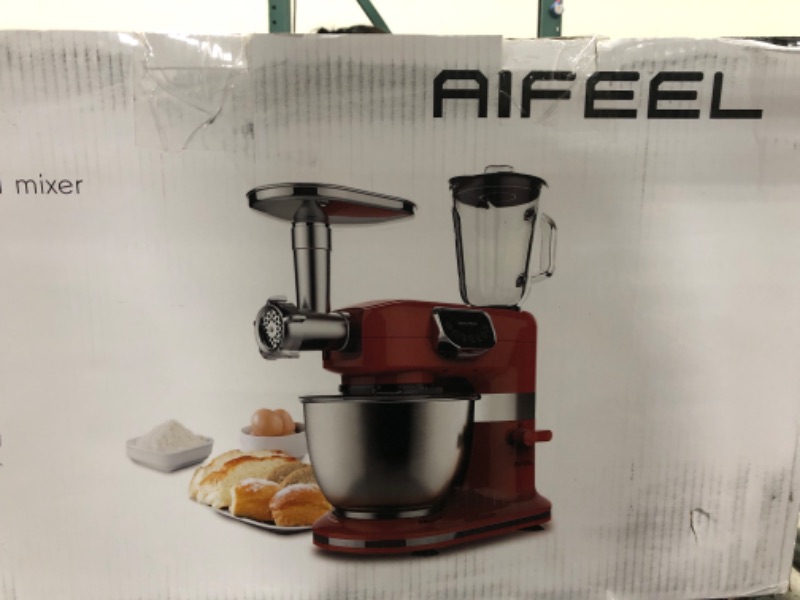 Photo 2 of [RED] `Aifeel Stand Mixer, 6 in 1 Multifunctional Electric Kitchen Mixer 800W 5 Speed with 1.5L juice cup,6.5 QT Bowl, Dough Hook, Whisk, Beater,Meat Grinder , Blender, Sausage Kit (Red)
