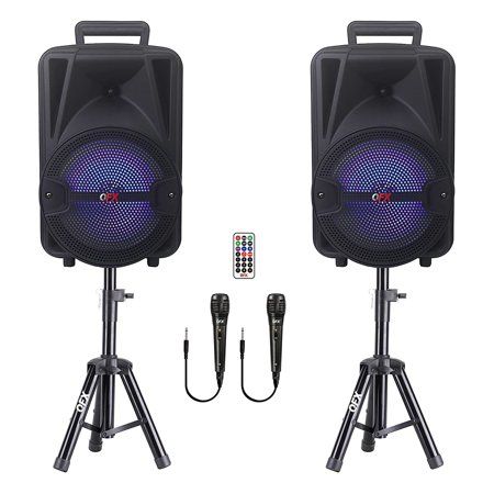 Photo 1 of QFX Rechargeable Bluetooth Speakers W/ Microphones and Stands Set of 2
