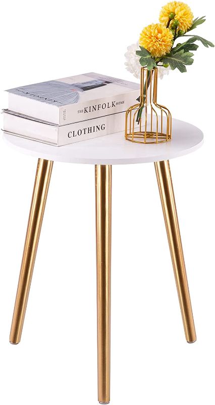 Photo 1 of Apicizon Round Side Table, White Nightstand Coffee End Table for Living Room, Bedroom, Small Spaces, Easy Assembly Boho Side Table Home Decor Bedside Table with Glod Wood Legs 16.5 Inch (Gold)
