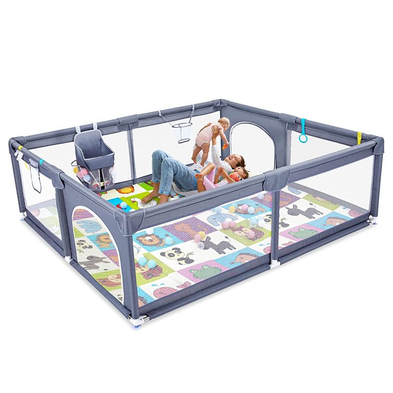 Photo 1 of Baby Playpen with Mat, 79”×71” Extra Large Playpen for Babies and Toddlers, Play Yard for Baby with Ocean Ball, No Gap Baby Fence Area with Breathable Mesh, Safety Baby Gate Playpen(Grey) 