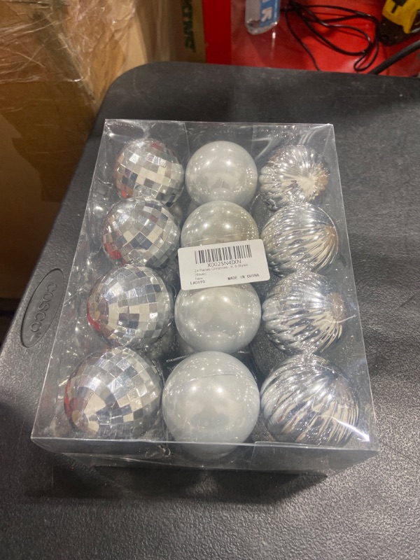 Photo 2 of 24 Pieces Christmas Ball Ornaments Christmas Tree Decorations Tree Balls for Tree Ornaments Holiday Wedding Party Decoration Hooks 2.36 Inch, 6 Styles() Silver