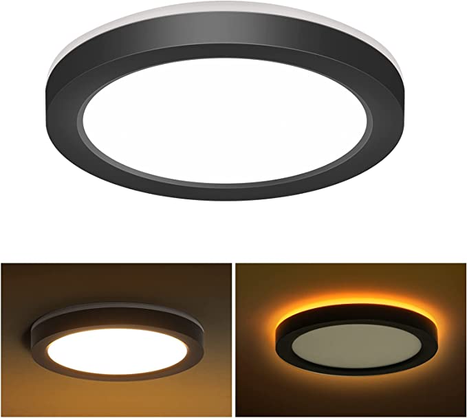 Photo 1 of 7.5 Inch LED Flush Mount Ceiling Light with Night Light, CRI90, 1275 LM, 15W=100W, 3000K/4000K/5000K Selectable, Round Flat Panel Light, Dimmable Recessed Lighting, 3 Mount Options - Black
