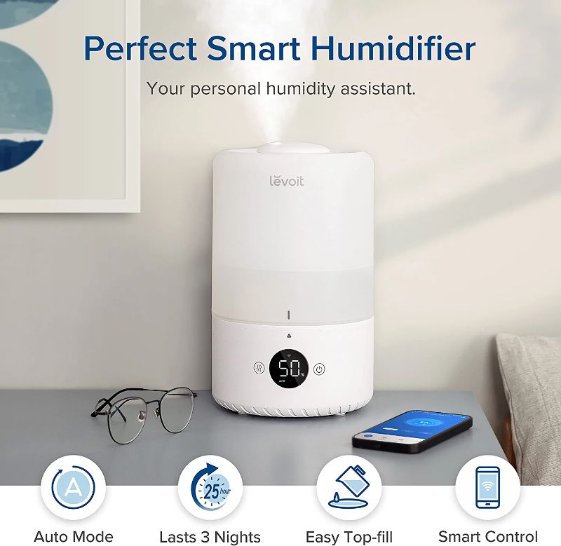 Photo 1 of LEVOIT Smart Cool Mist Humidifiers for Bedroom, Top Fill Essential Oil Diffuser, Auto Humidity Adjustment with Sensor, Remote Control, Ideal for Baby Nursery and Plants, Quiet, Ultrasonic, 3L, White
