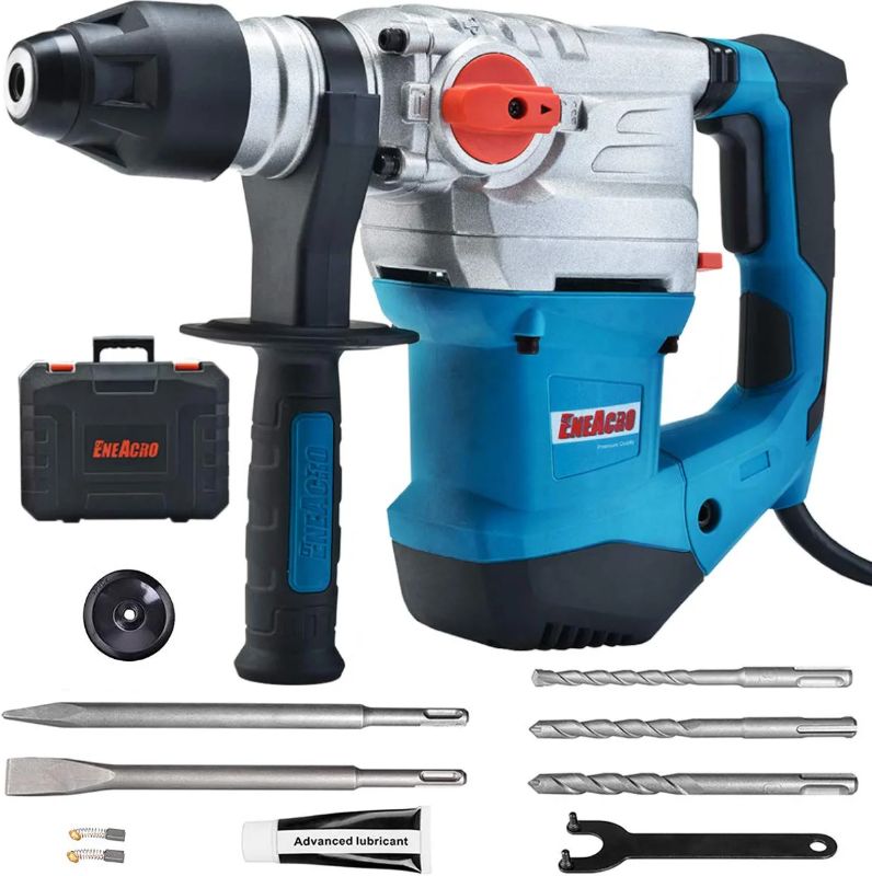 Photo 1 of ENEACRO 1-1/4 Inch SDS-Plus 13 Amp Heavy Duty Rotary Hammer Drill, Safety Clutch 4 Functions with Vibration Control Including Grease, Chisels and Drill Bits with Case
