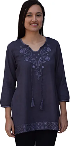 Photo 1 of Ayurvastram Ivy Embroidered Block Printed or Solid Pure Cotton Tunic, Top, Kurti, Shirt, Blouse L