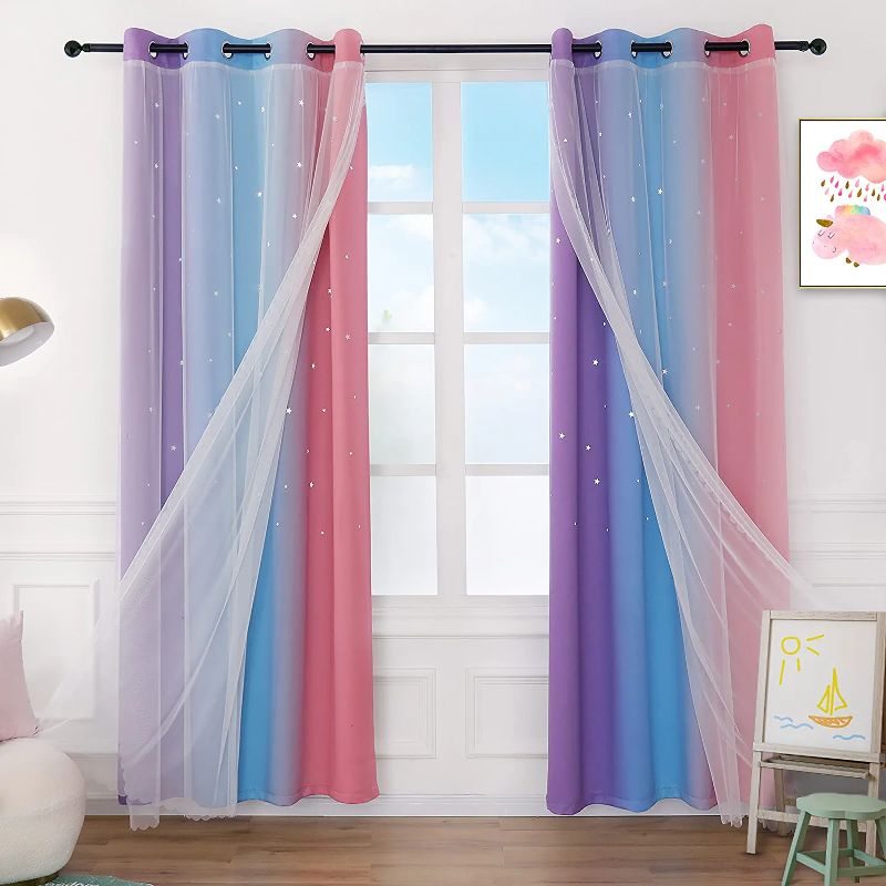 Photo 1 of Anjee Star Curtains for Girls 2 in 1 Double Layer Cutout Star Light Blocking Ombre Grommets Top Drape with Lace Sheer Voile Gauze for Nursery Kids Bedroom 2 Panels 52 x 63 inch, Purple Blue Pink
