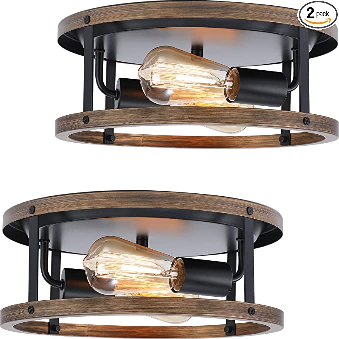 Photo 1 of 2 Pack Farmhouse Ceiling Light Fixture,Super Bright E26 Base 2-Light Hallway Light Fixtures Ceiling,Anti-Corrosion Wood and Black Flush Mount Ceiling Light for Hallway, Kitchen,Entry,Porch Etc