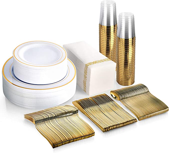 Photo 1 of 350 Piece MCIRCO Gold Dinnerware Set - 100 Gold Rim Plastic Plates - 50 Gold Plastic Silverware - 50 Gold Plastic Cups - 50 Linen Like Gold Paper Napkins, 50 Guest Disposable Gold Dinnerware Set