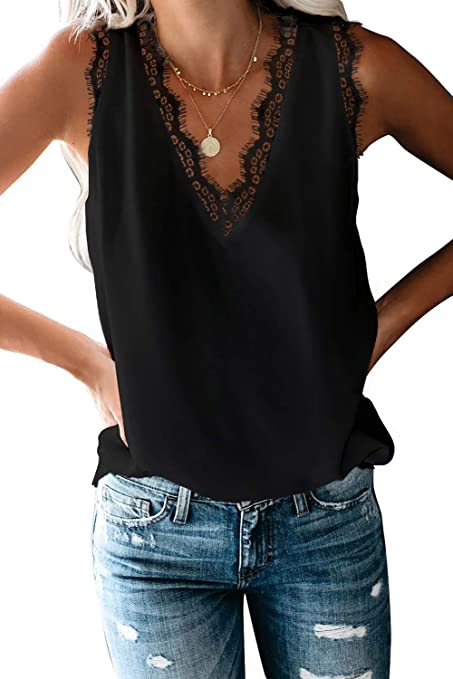 Photo 1 of  Women Lace Trim Tank Tops V Neck Fashion Casual Sleeveless Blouse Vest Shirts SIZE - 2X