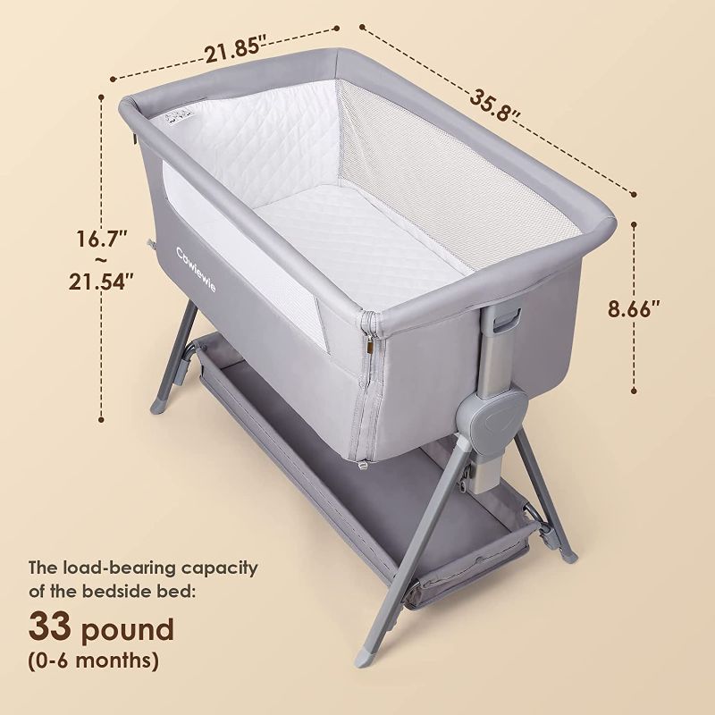 Photo 2 of Cowiewie Baby Bassinet with Bed Mattress and Storage | 7-Levels Height Adjustable | Basket Beside Bassinet Sleeper Impact Cotton Protects Baby's Head and Feet
