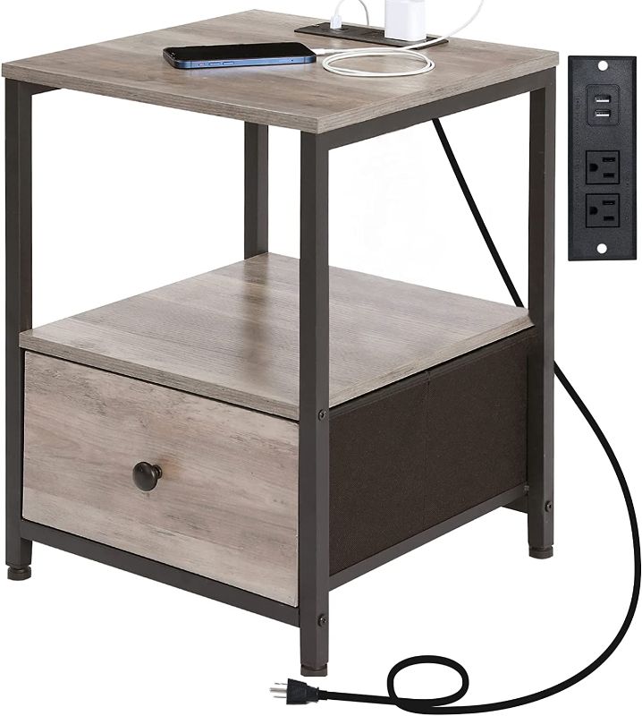 Photo 1 of AMHANCIBLE End Table with Charging Station, Night Stand for Bedroom, Side Table with Storage Fabric Drawer and USB Ports & Power Outlets, Sofa Bedside Table for Small Spaces Greige
