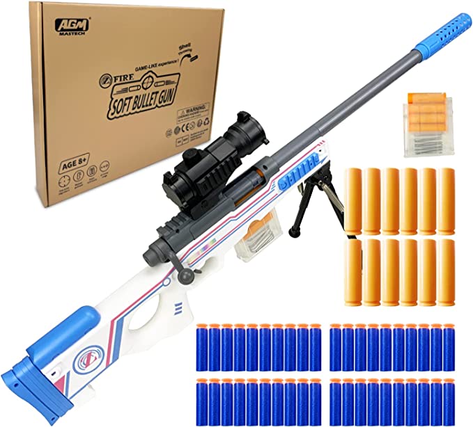 Photo 1 of AGM MASTECH AWM Shell-Throwing Blaster Shot Gun, 40 Official Darts, 4-Dart Clip, 2 Magazines, Removable Stock, Barrel Extension, Blaster Toys Playset for Boys, Kids, and Adults (White)