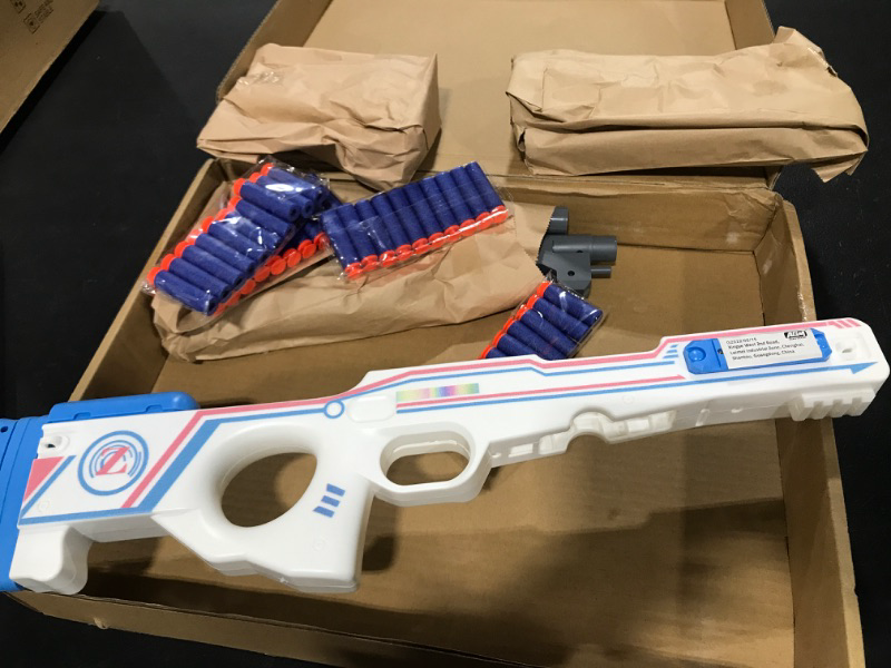 Photo 1 of AGM MASTECH AWM Shell-Throwing Blaster Shot Gun, 40 Official Darts, 4-Dart Clip, 2 Magazines, Removable Stock, Barrel Extension, Blaster Toys Playset for Boys, Kids, and Adults (White)