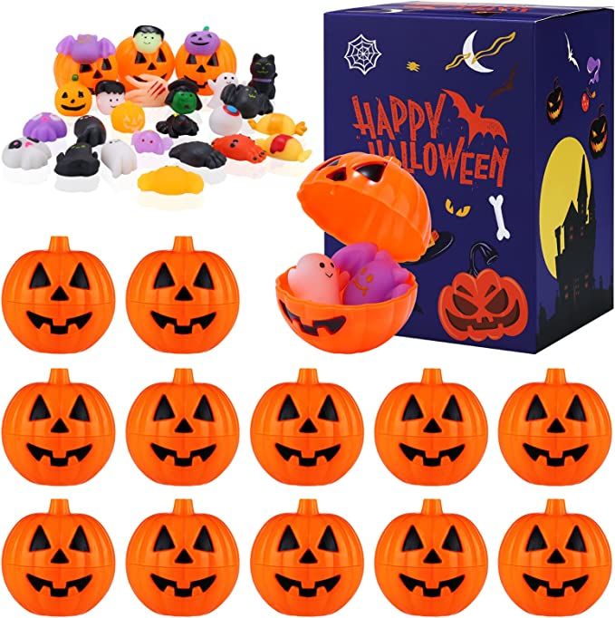 Photo 1 of 12 Pack Halloween Pumpkin Jars with 24 Pieces Pumpkin Toys Ghost Relieve Stress Fidget Toys Pumpkin Stress Ball Halloween Party Favors Gifts for Kids, Girls, Boys (Halloween Mochi Squishy A) 