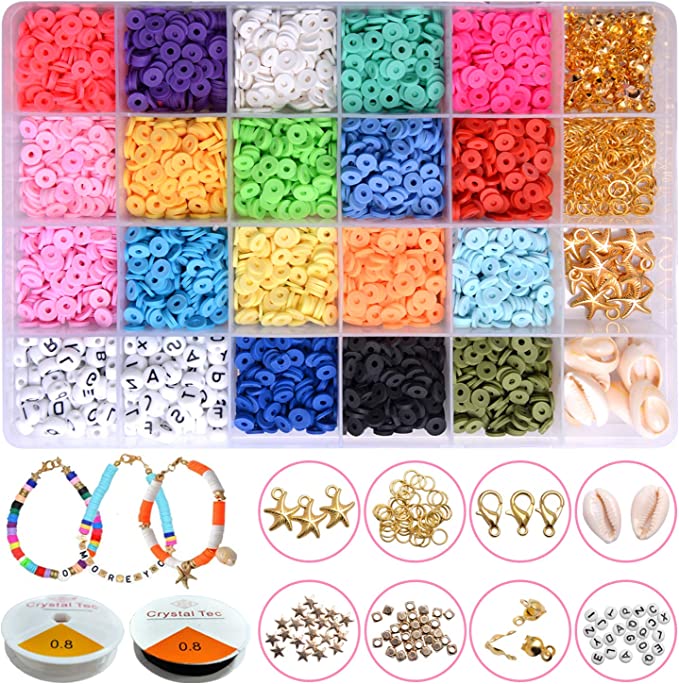 Photo 1 of 5100 Pcs Polymer Clay Spacer Beads 6mm Flat Round Heishi Beads Handmade Colorful Beads Set for DIY Jewelry Earring Necklace Bracelet Craft Making with 120 Pcs Letter Round Beads A-Z 001