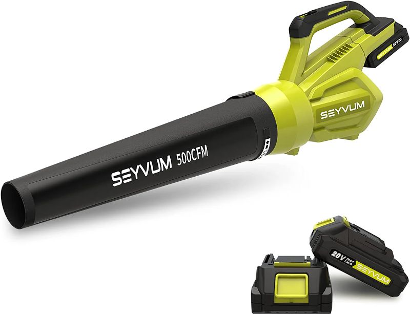 Photo 1 of SEYVUM Leaf Blower - 500CFM 20V Leaf Blower Cordless with 2 X 2.0 Battery & Charger, Electric Handheld Leaf Blower - Lightweight Powerful Blower Battery Operated for Lawn Care | Patio | Jobsite | Yard
