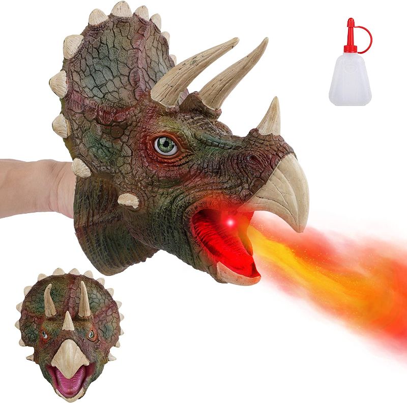 Photo 1 of FiGoal Fire Spraying Triceratops Hand Puppet Toy with Roaring Sound Dragon Head with LED Light Up for Kids and Toddlers 3 to 12 Years Old Boys and Girls (Hand Puppet Fire Triceratops)
