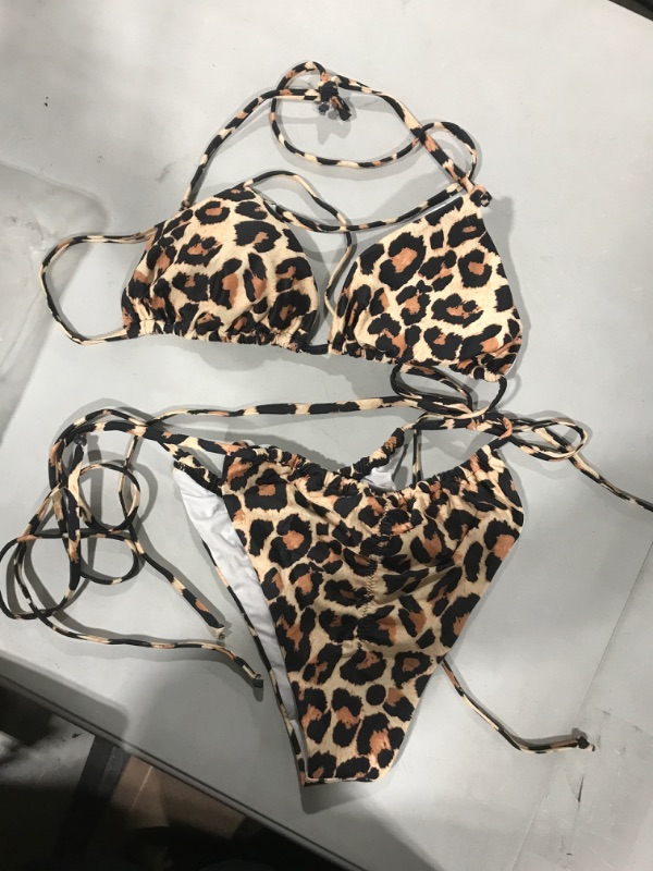 Photo 2 of American Trends Womens Sexy Bikini Swimsuit Halter Top String Triangle Bikini Sets Thong Swimsuit Brazilian Bathing Suits 8-10 Leopard Print