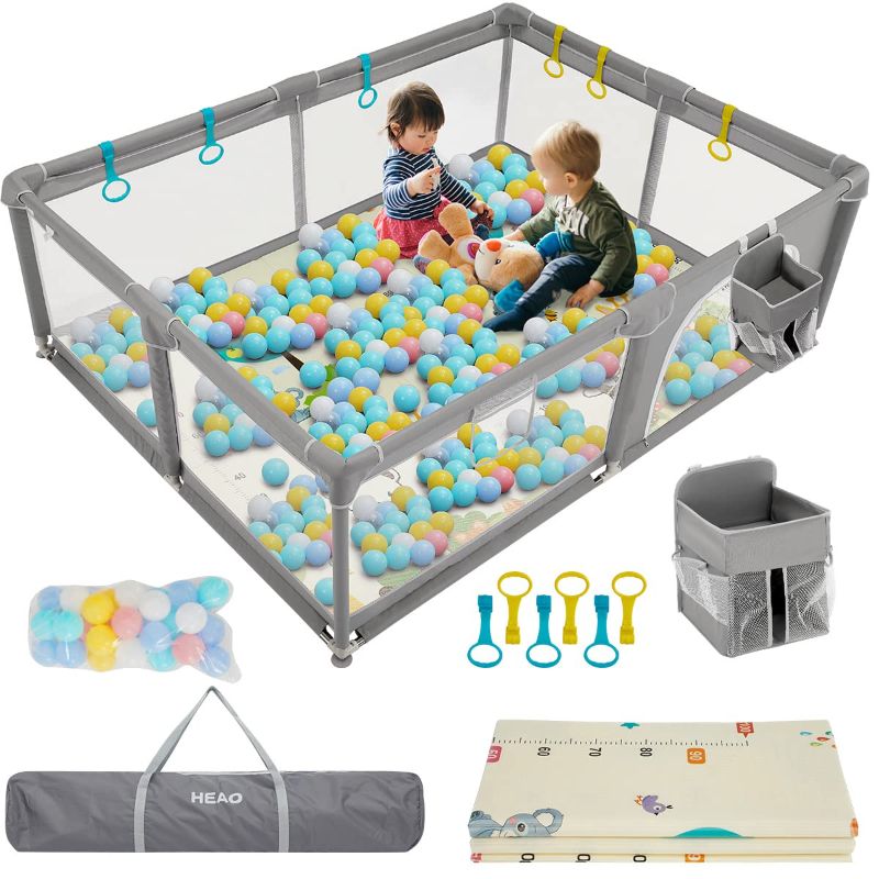 Photo 1 of HEAO XXL 79x59" Baby Playpen with Playmat & stroage Bag Kids Large Playard with 30PCS Pit Balls Indoor & Outdoor Kids Activity Center Infant Safety Gates Light Grey
