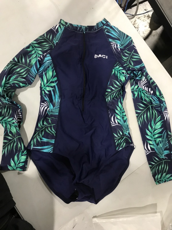 Photo 2 of Daci Women Rash Guard Long Sleeve One Piece Swimsuit Zipper Surfing Bathing Suit UPF 50 Medium Green Palm Leaf