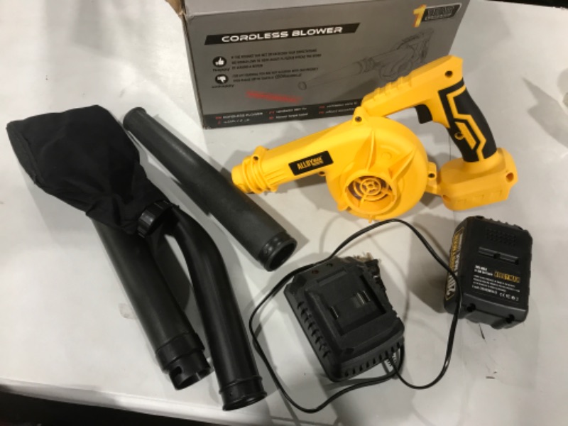 Photo 1 of Alloyman Leaf Blower, 20V Cordless Leaf Blower, with 4.0Ah Battery & Charger, 2-in-1 Electric Leaf Blower & Vacuum for Yard Cleaning/Snow Blowing. Yellow1