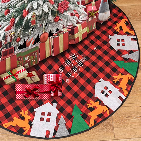 Photo 1 of 48 Inch Christmas Tree Skir Buffalo Plaid Tree Skirt Decorations for Holiday Party Xmas Tree Ornament 