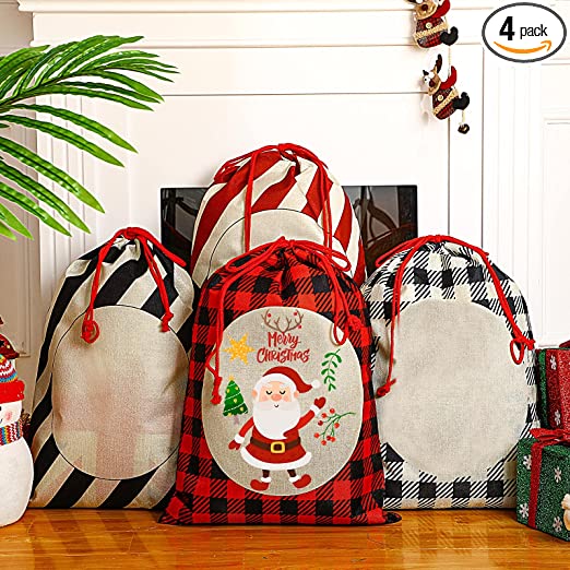 Photo 1 of 4 Pieces Large Christmas Bags Christmas Drawstring Stocking Bags 26 x 18.5 Inch Cute Christmas Treat Bags Fabric for Xmas Wrapping (DIY Style) 