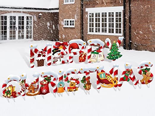 Photo 1 of 14 Pieces Christmas Yard Sign Decorations Merry Christmas Letter Yard Sign Xmas Outdoor Lawn Sign Holiday Yard Signs Santa Snowman Design Garden Lawn Stakes for Outdoor Patio Winter Ornaments 