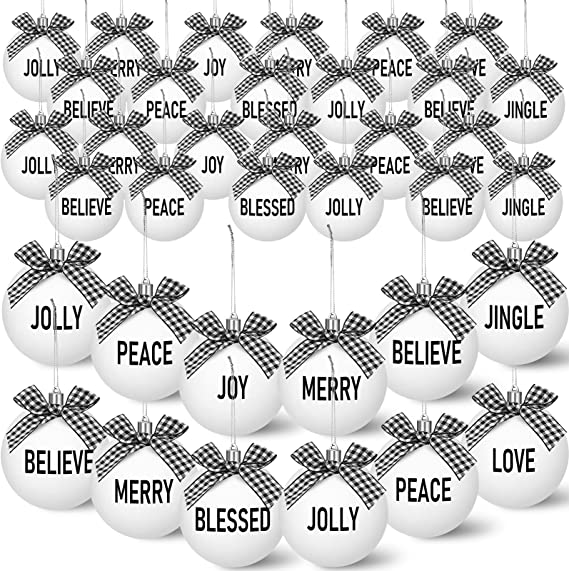 Photo 1 of 36 Pcs Buffalo Plaid Christmas Tree Ornaments, Christmas Ball Hanging Decoration with Buffalo Plaid Bow for Christmas Home Farmhouse Holidays Party Xmas 