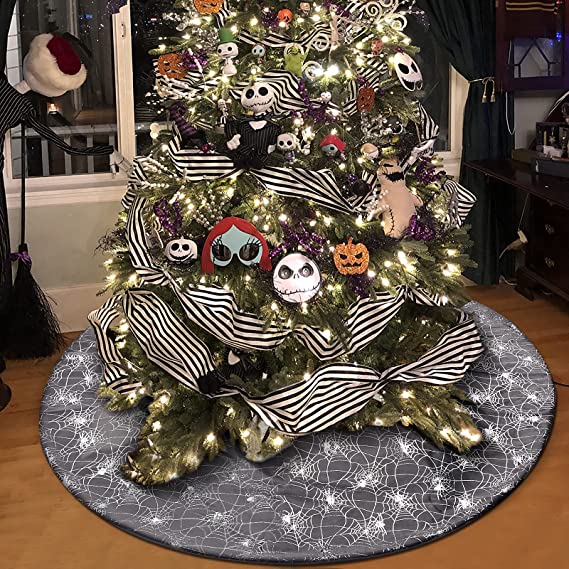 Photo 1 of yuboo Grey Tree Skirt with Foil Silver Spider,36 inches Xmas Tree Ornaments for Silver Black Christmas Decorations