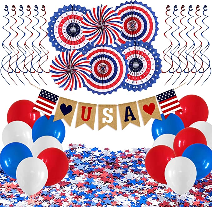 Photo 1 of 35PCS Patriotic Decorations 4th of July Decoration - Hanging Paper Fans,Hanging Swirls,Red White and Blue Balloons,Star Confetti,Love USA Banner for Memorial Veterans Independence Day Party Decor