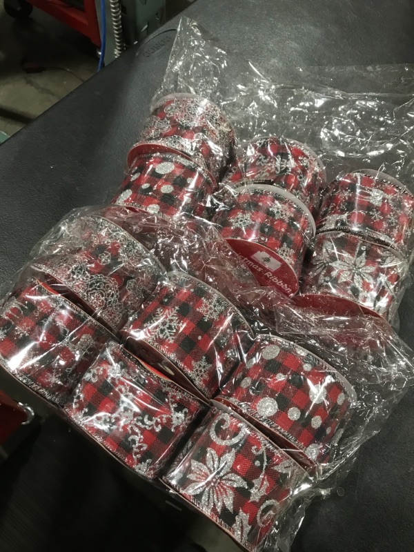 Photo 2 of 12 Rolls Christmas Wired Ribbons, 2.5 Inch 36 Yards Buffalo Plaid Red Black Gift