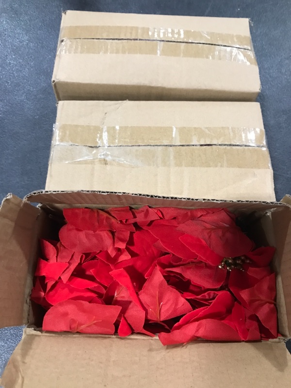 Photo 2 of 3 PACKS! Red Poinsettia Flower Xmas Neutral Christmas Ornaments for Christmas Tree Flowers Wreath Decorations Set with hook-8pcs/pack