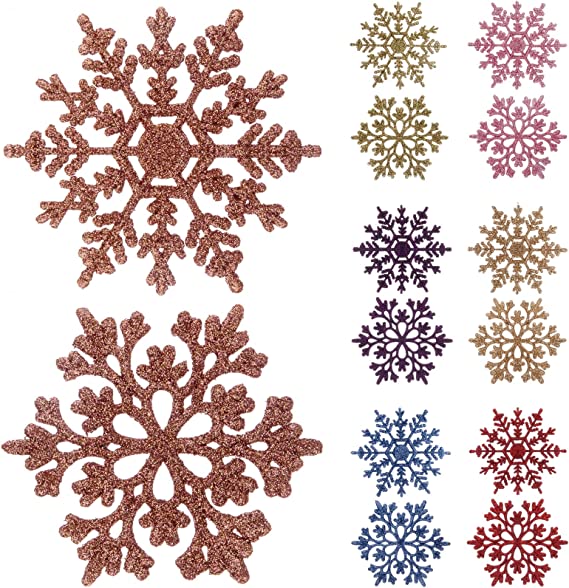 Photo 1 of 2 PACKS 3.9"/38 Pieces Plastic Snowflake Ornaments Christmas Glitter Snowflakes Hanging Crafts for Christmas Tree Decorations (Rose Gold 01, 3.9in) 