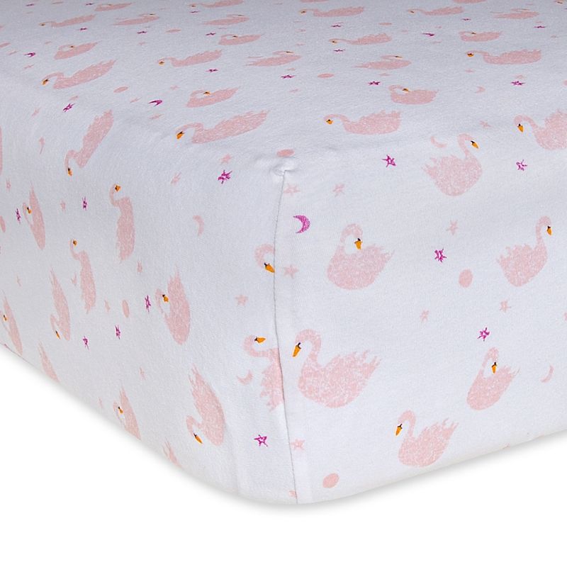 Photo 1 of Burt's Bees Baby Organic Cotton Graceful Swans Fitted Crib Sheet in Blossom