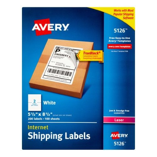 Photo 1 of Avery Internet Shipping Labels TrueBlock Technology Permanent Adhesive 5-1/2 X 8-1/2 200 Labels (5126)